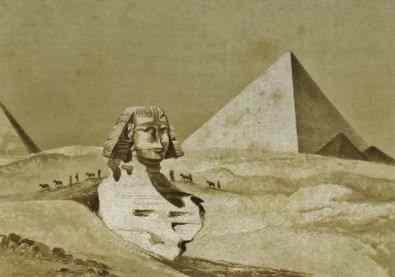 A line of donkeys pass behind the Great Sphinx-By Hector Horeau, 1841.