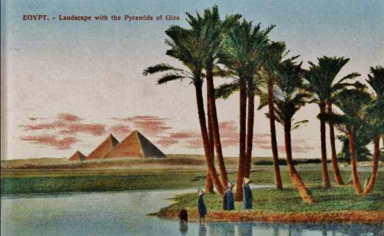 Pyramids of Egypt, from a postcard printed in 1900.