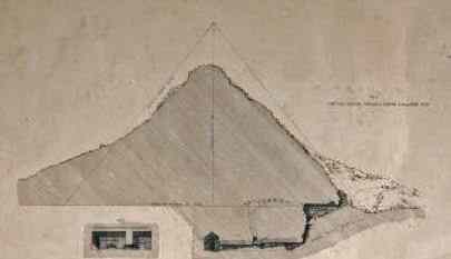 A tunnel at ground level soon descends and opens into an underground chamber below the center of Unas' Pyramid, by E.J. Andrews, 1842.