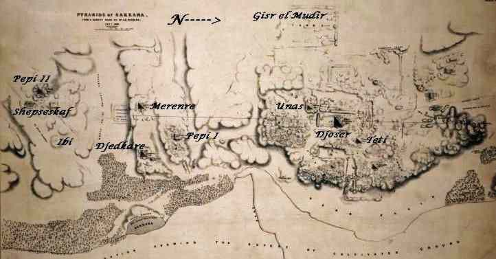 the Saqqara pyramid field is three miles long on the edge of a plateau above the Nile valley.